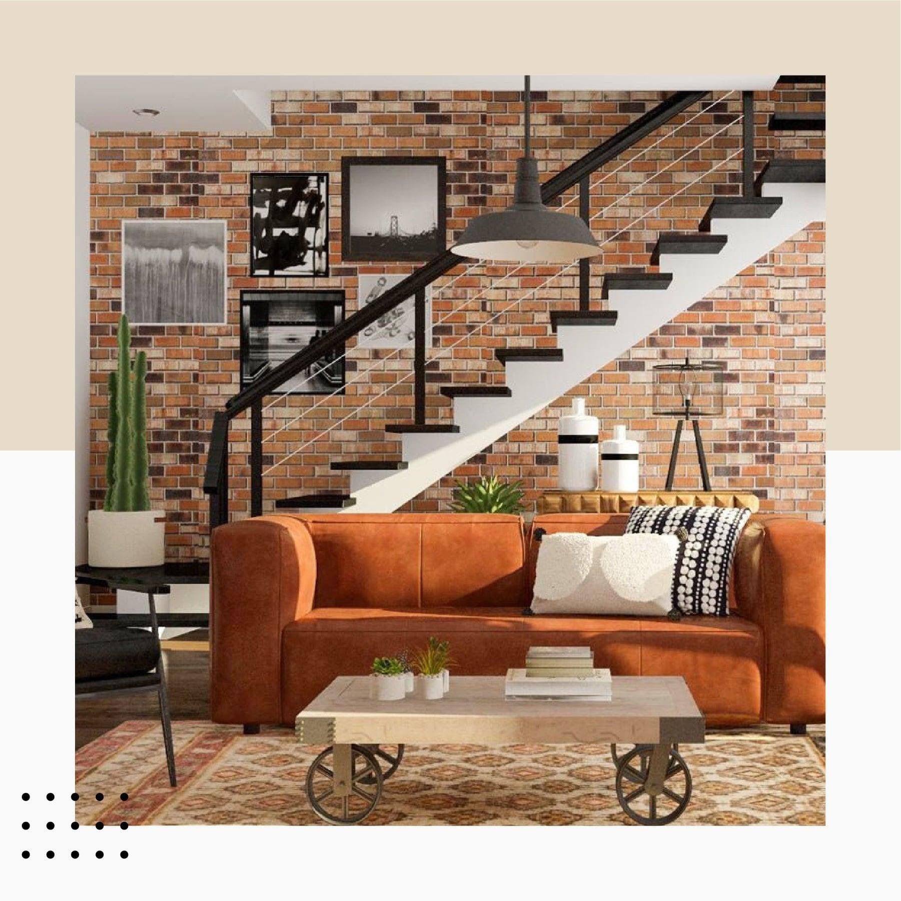 May be an image of furniture, living room and brick wall